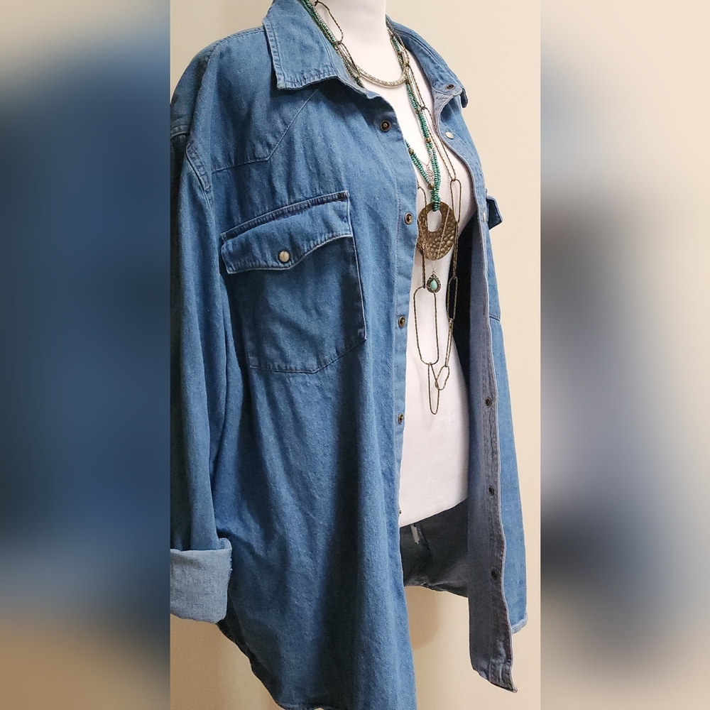Western Pearl Snap 100% Cotton Blue Denim Shirt Shacket Men's XL